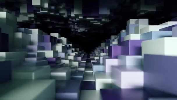 Tunnel géométrique abstrait fait de cubes bleus à mouvement aléatoire. Boucle sans couture rendu 3d - Séquence, vidéo