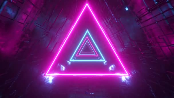 Sci-fi tunnel with neon triangles. Endless flight forward. Modern neon lighting. Seamless loop 3d render - Footage, Video