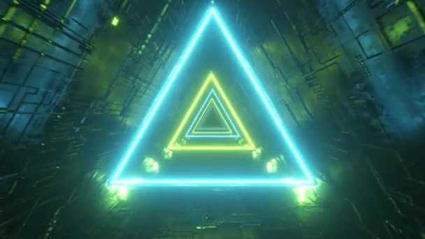 Neon üçgenli bilim kurgu tüneli. Sonsuz uçuş. Modern neon ışıklar. Kusursuz 3D döngü oluşturucu - Video, Çekim