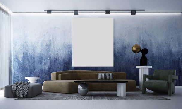 A mock up bútorok és dekoráció belsőépítészeti tér modern kék nappali és fal textúra háttér / 3d renderelés - Fotó, kép