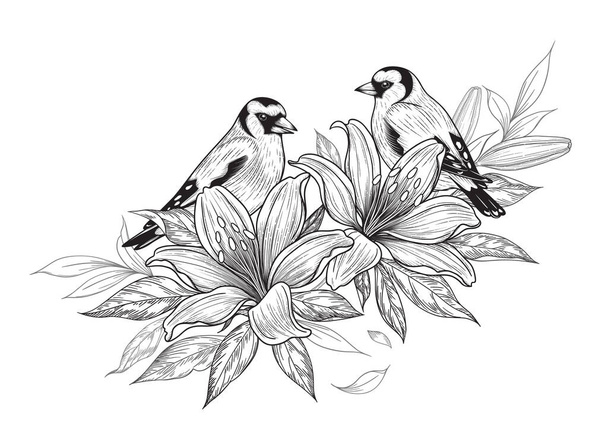 Hand drawn goldfinch couple sitting on lily branch isolated on white background. Vector monochrome elegant floral composition with birds and flowers in vintage style, t-shirt, tattoo design. - Vector, imagen