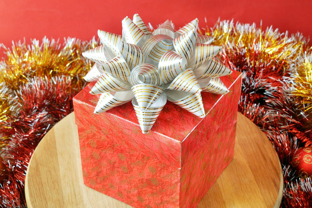 big gift box with ribbon bow, merry chirtmas and happy new year concept, closeup - Photo, Image