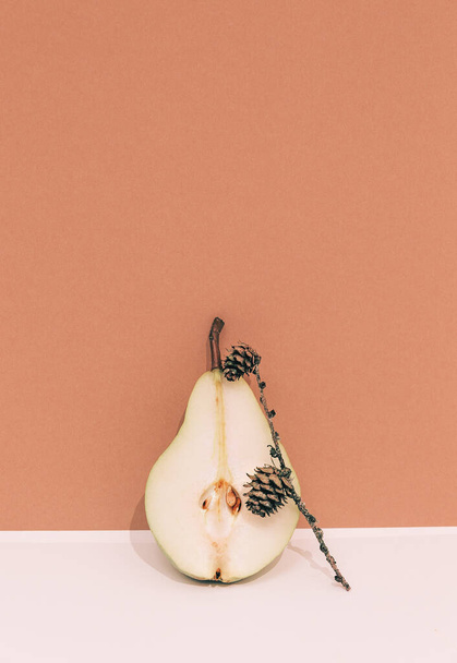 Fashion Still life scene with fresh pears. Minimal details aesthetic. Eco life. Trendy beige pastel colours - Photo, image