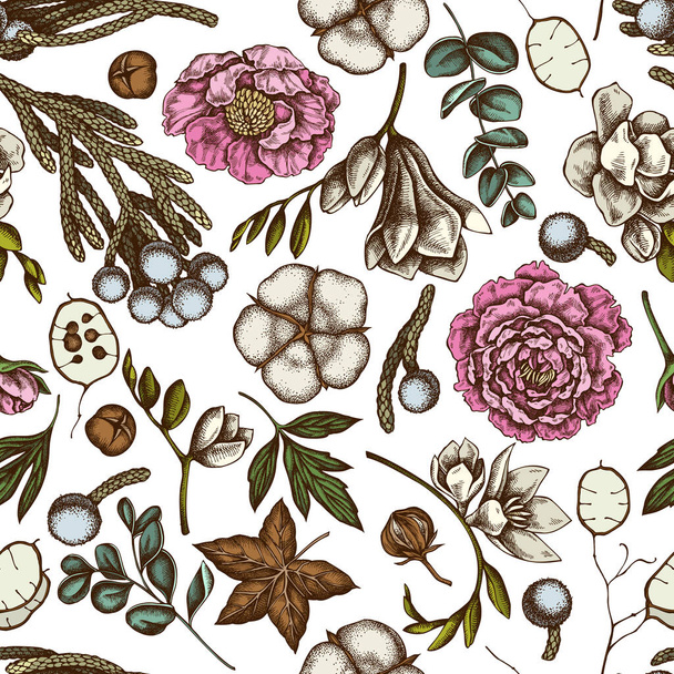 Seamless pattern with hand drawn colored ficus, eucalyptus, peony, cotton, freesia, brunia - Vetor, Imagem