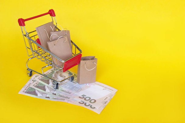 Mini shopping cart with small craft bags and Ukrainian 500 UAH bills on a yellow background on the yellow background. The concept of shopping in stores and online. - Photo, Image