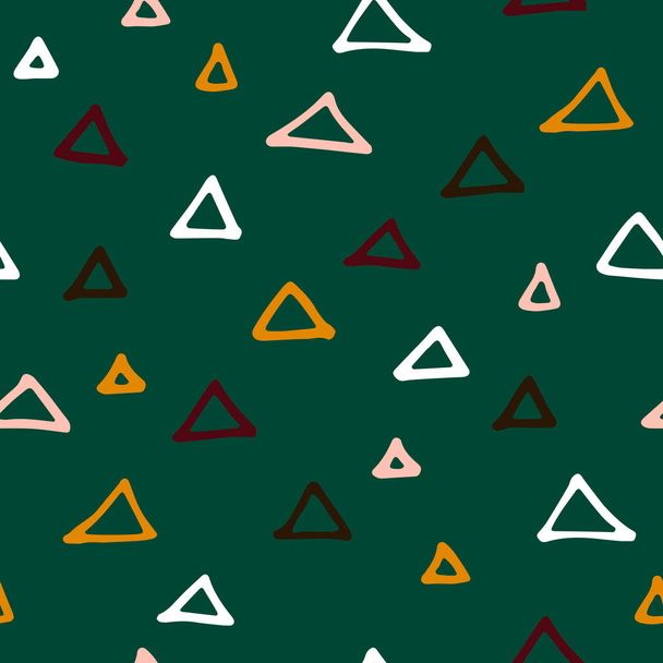 Seamless abstract doodle pattern. Fall colored hand drawn triangles on green background. Scandinavian cozy ornament. Vector geometric autumn illustrations for wallpaper, poster, wrapping paper, fabric - Вектор,изображение