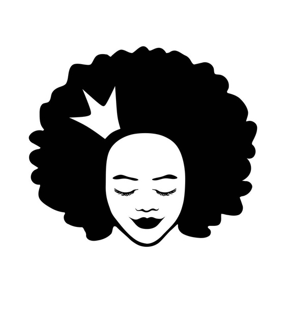 Schwarze afroamerikanische Mädchen Frau schöne Dame handgezeichnet Kopf Vektor Silhouette Zeichnung Illustration mit lockigem Haar und Krone isoliert auf weißem Hintergrund. Princess.Queen.T Hemddruck. Aufkleber - Vektor, Bild