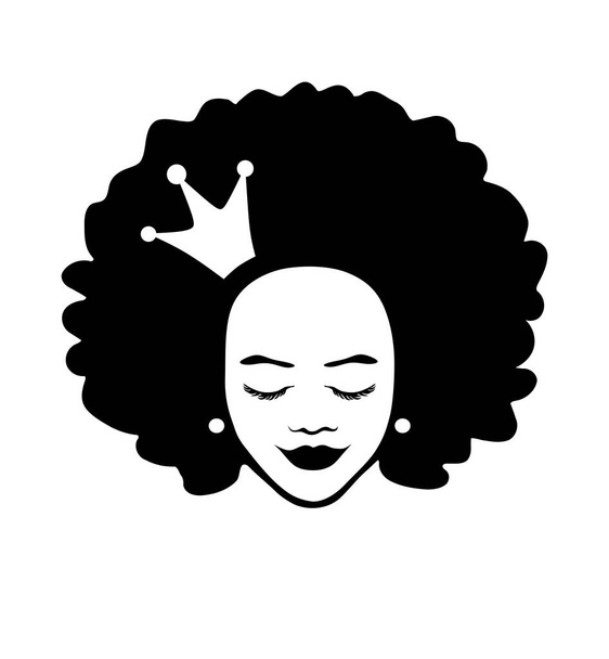 Cara de un niño.Negro Africano chica americana mujer hermosa señora cara cara vector silueta dibujo ilustración con pelo rizado y corona aislada sobre fondo blanco..  - Vector, Imagen