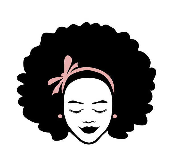 Negro mujer chica afroamericana hermosa dama cara vector silueta dibujo ilustración con pelo rizado y lazo de cinta rosa aislado en fondo blanco. Logo. - Vector, Imagen