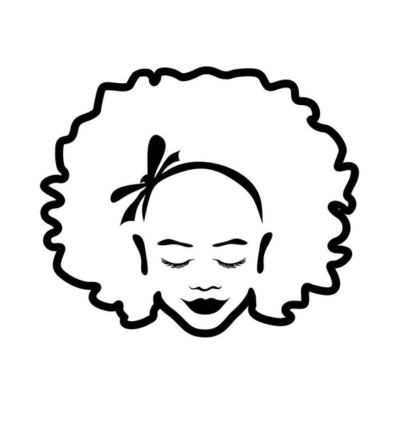 Schwarze afroamerikanische Mädchen Frau schöne Dame Umriss handgezeichnete Linie Kunst Kopf Gesicht Vektor Silhouette Zeichnung Illustration mit lockigen Haaren und Bogen isoliert auf weißem Hintergrund. - Vektor, Bild