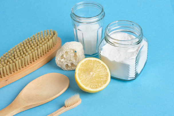 Eco friendly natural cleaning tools and products on a blue background, Zero waste concept. Plastic free. - Foto, imagen