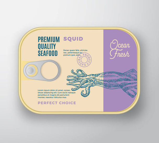 Premium Seafood Aluminium Container with Label Cover. Retro Vector Canned Packaging Design. Modern Typography and Hand Drawn Squid Silhouette Background Layout. - Wektor, obraz
