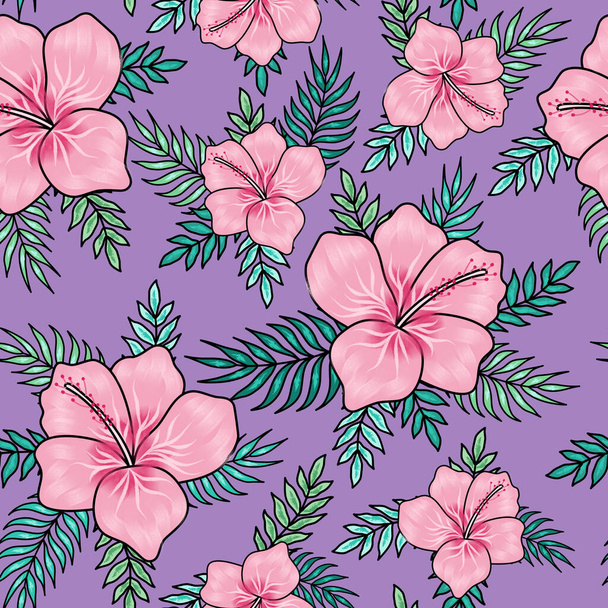 Różowe hibiskusy z liśćmi palmy na fioletowym tle - Zdjęcie, obraz