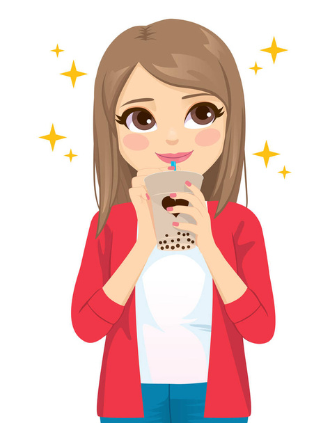 Beautiful young teenager woman looking up enjoying delicious tapioca bubble tea drink - Vector, Imagen
