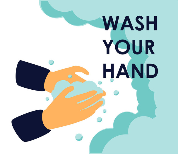 ¡Lávese las manos en la plantilla de ilustración de vectores de baño! Lavarse las manos frotándose con jabón para prevenir covid-19 para detener la propagación de enfermedades. La higiene es importante. - Vector, imagen