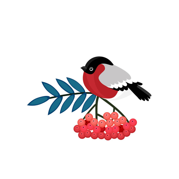 Kırmızı böğürtlen ve yeşil yapraklı viburnum ağacının dalında oturan karikatür kuşu. Gri ve kırmızı tüylü Avrasya ispinozu, vahşi kuş maskotu dizaynı - Vektör, Görsel