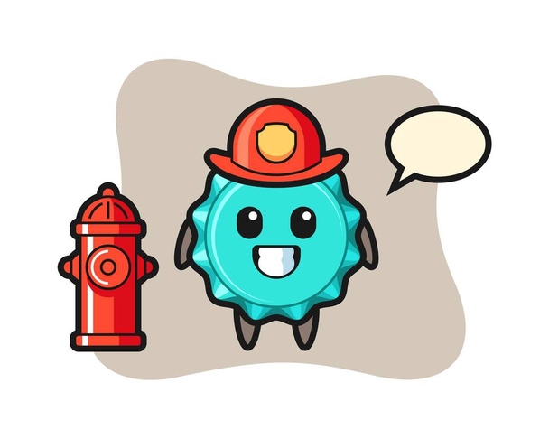 Caráter de mascote da tampa da garrafa como bombeiro - Vetor, Imagem