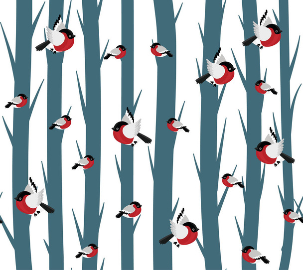 Seamless pattern of bullfinch and snow. eps - Vector, Image