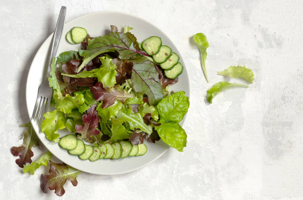 A plate with green salad leaves, sesame seeds and cucumber slices, a fork on the left, on a light grey background with copy space  - Photo, Image