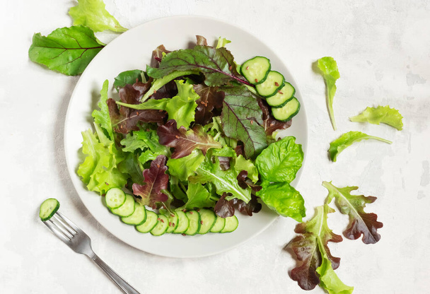 A plate with green salad leaves, sesame seeds and cucumber slices, a fork on the left, on a light grey background - Photo, Image