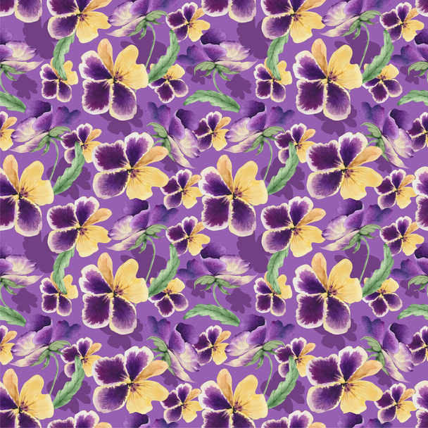 pattern with purple violets with green leaves on a lilac background, watercolor illustration - Photo, Image