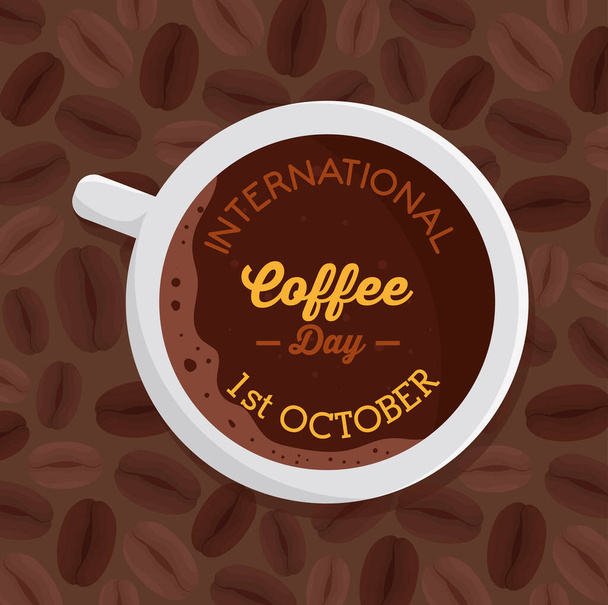 αφίσα διεθνούς ημέρας καφέ, 1 Οκτωβρίου, με θέα κεραία του φλιτζανιού καφέ - Διάνυσμα, εικόνα