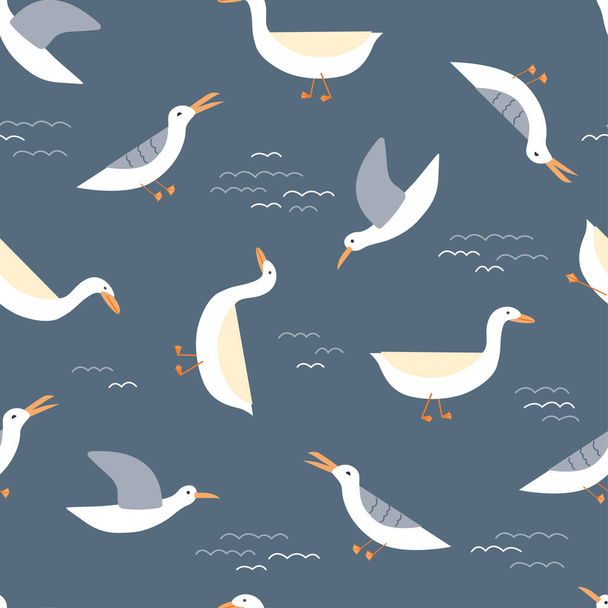 Seagull, swan doodle vector seamless pattern. Seabird cute hand drawn water lilies on dark blue background. Nautical beach texture. Lake doodle illustration for wrapping paper, wallpaper design - Vector, Image