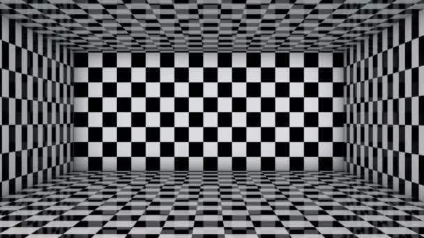 Motion of Black and white checkered tile room perspectief met camera verplaatsen in shot, lege ruimte weergave animatie concept, template of patroon voor presentatie achtergrond. - Video