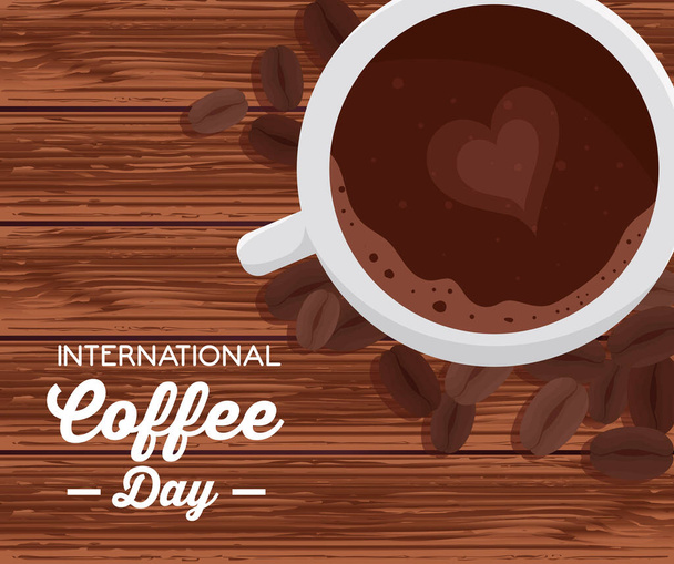 αφίσα διεθνούς ημέρας καφέ, 1 Οκτωβρίου, με θέα κεραία του καφέ κύπελλο στο ξύλινο φόντο - Διάνυσμα, εικόνα