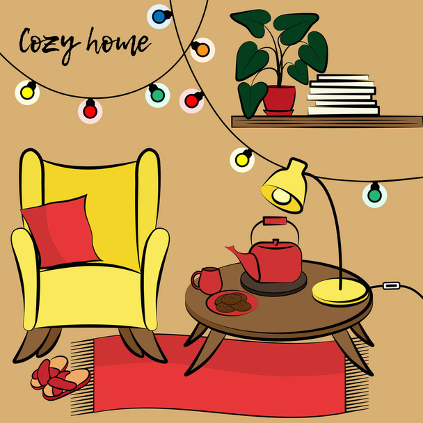 Cozy home set with different house things on colour background. Hygge retro interior in warm colours including armchair, table with lamp and teathings on it, carpet, shelf with anturium and books and light bulb garland - Vector, Image