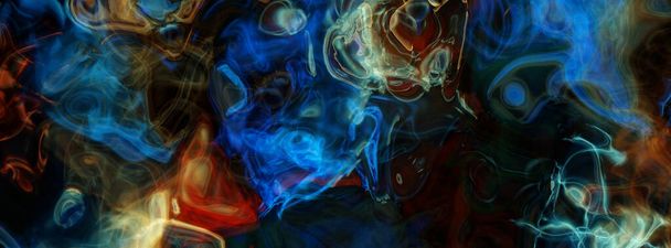Humo de color abstracto, nubes translúcidas azules, rojas, naranjas sobre fondo negro. Ilustración digital de primer plano muy detallada, ultra alta resolución, textura de ensueño muy amplia, fondo - Foto, Imagen