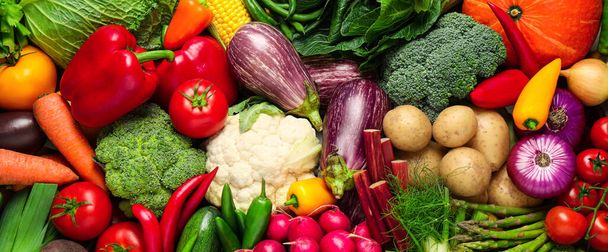 Many fresh different vegetables as background, top view. Banner design  - Foto, afbeelding