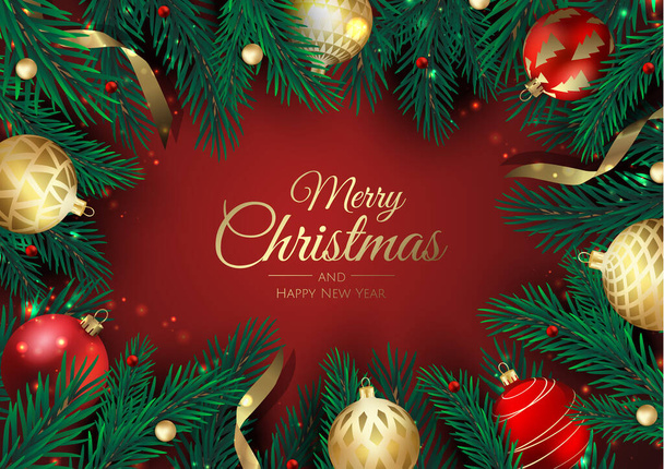Merry Christmas and Happy New Year. Xmas background with poinsettia, Snowflakes, star and balls design. - Vector, Image