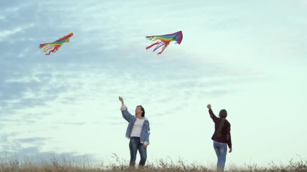 Moeder en geliefde dochter lanceren kleurrijke papieren vliegtuigen de lucht in. moeder met kinderen spelen met vliegers bij zonsondergang in het park. gezond gezin buiten. leuk om te spelen met ouders in de zon - Video