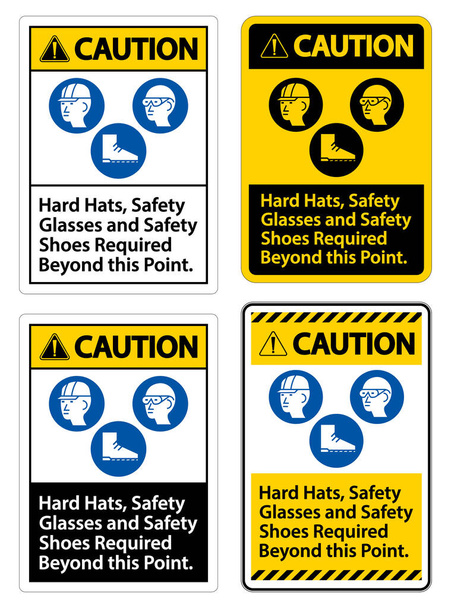 Προσοχή Υπογράψτε σκληρά καπέλα, γυαλιά ασφαλείας και παπούτσια ασφαλείας που απαιτούνται πέρα από αυτό το σημείο με το σύμβολο PPE  - Διάνυσμα, εικόνα