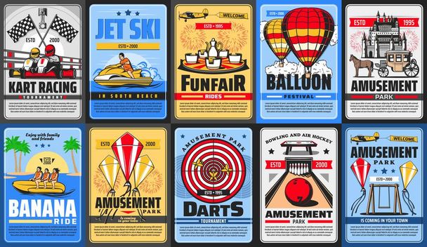 Amusement park posters, funfair rides and carousels, vector family entertainment fair. Welcome to amusement park posters, roller coaster rides, aquapark jet ski and balloon festival, bowling and darts - Vector, Image