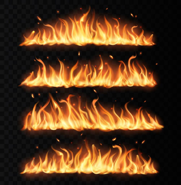 Palo kielet, pitkä polttava realistinen vektori liekki hiukkasia, lentävät kipinät ja hiillos. Burning Blaze vaikutus, hehkuva paistaa leimahtaa reunus, eristetty 3d palosuunnittelu elementti mustalla pohjalla, asetettu - Vektori, kuva