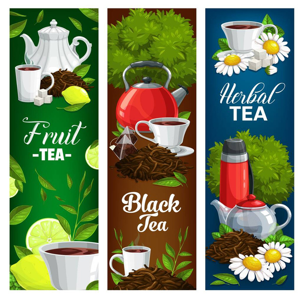 Травяные, фруктовые и черные векторные баннеры. Чашка чая фарфора с напитком, ромашковые цветы и мята. Травяное или цветочное ароматическое пивоварение, стеклянный горшок и зеленые чайные листья со вкусом лайма и лимона - Вектор,изображение