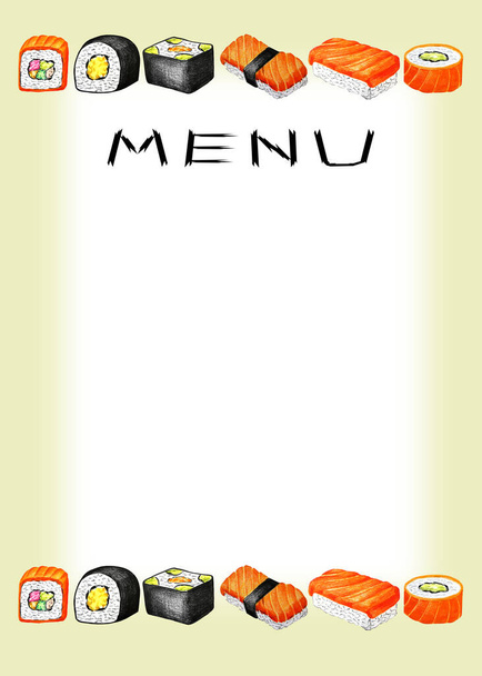 Arkusz menu sushi i bułek. Kuchnia azjatycka, rysunek z kolorowych ołówków z miejsca kopiowania - Zdjęcie, obraz