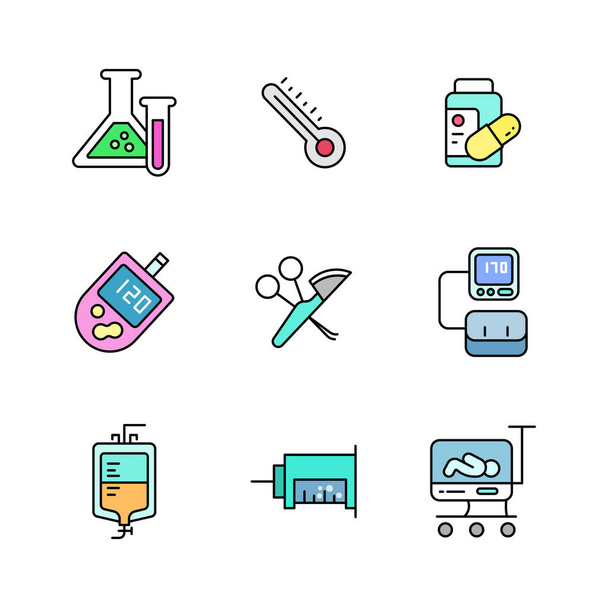 Décrivez la conception d'hôpital et d'icône médicale vol 4, avec des couleurs remplies, peut être utilisé pour les icônes Web, l'application, l'impression, etc.. - Vecteur, image