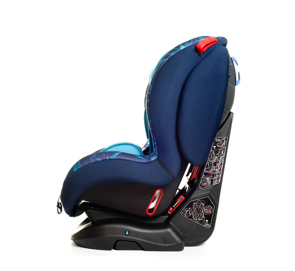 blue child safety seat isolated over white background, seat designed specifically to protect children from injury or death during collisions. - Photo, Image