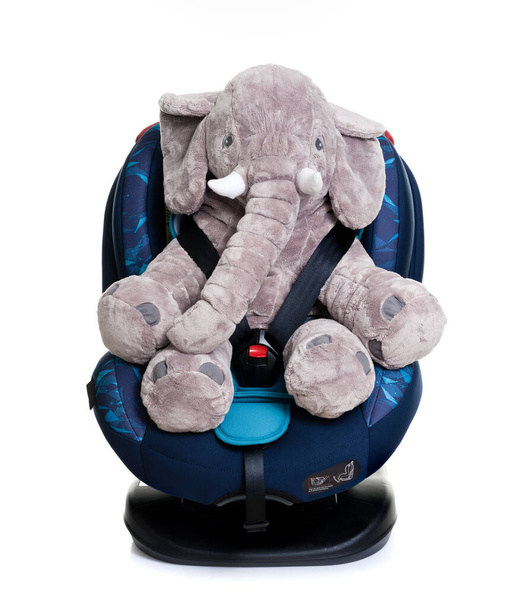 cute elephant doll in blue child safety seat over white background, seat designed specifically to protect children from injury or death during collisions. - Photo, Image