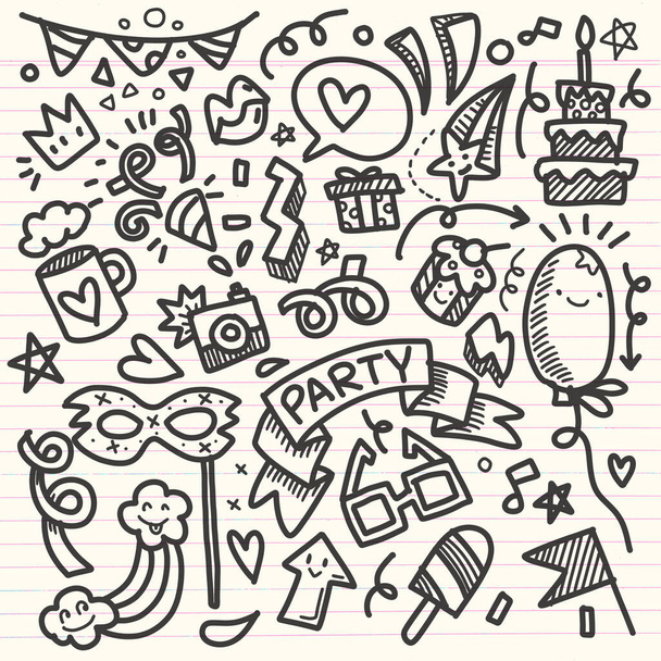 Set der Parteiillustration Handgezeichnetes Doodle Skizze Linienvektor - Vektor, Bild