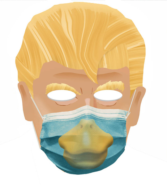 President Donald Trump is seen on a Halloween mask with surgical mask with a duck bill printed on the mask. The duck beak is a reference to lame duck status if he does not win re-election. - Photo, Image