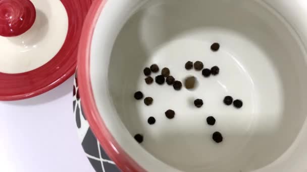 Remplissage de grains de poivre noir dans un récipient en céramique placé sur un fond blanc isolé - Séquence, vidéo