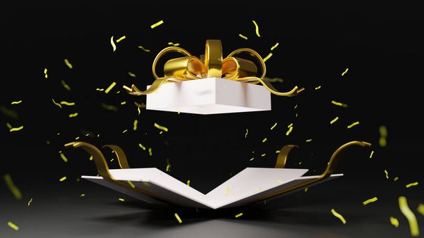 3D-Rendering weiße Geschenkbox Bombe mit goldenem Band, schwarzer Freitag, Weihnachten, gutes neues Jahr. Alles Gute zum Geburtstag, Boxtag.. - Foto, Bild
