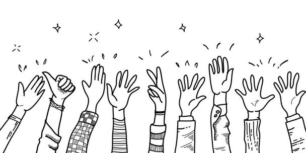 hand drawn of hands up, clapping ovation. applause, thumbs up gesture on doodle style , vector illustration - Vector, Image