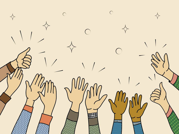 hand drawn of hands up, clapping ovation. applause, thumbs up gesture on doodle comic style , vector illustration - Vector, Image