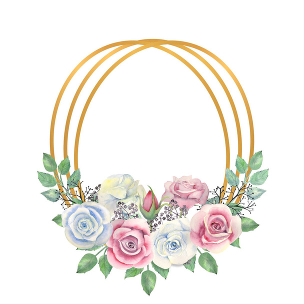 Flores rosas azules y rosas, hojas verdes, bayas en un marco ovalado de oro. Ilustración en acuarela - Foto, Imagen