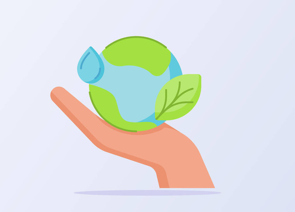 ave energy concept earth water droplet leaf on hand white isolated background with flat style - Vector, Image